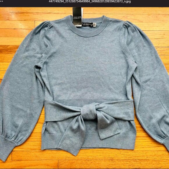 New W/tag Lauren Ralph Lauren Blue Bow Tie Puff Sleeve Sweater M - Picture 1 of 4